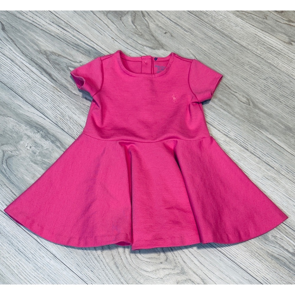 Ralph Lauren Baby Girl Pink Fit and Flare Pleated Knit Dress 9M Pony Logo